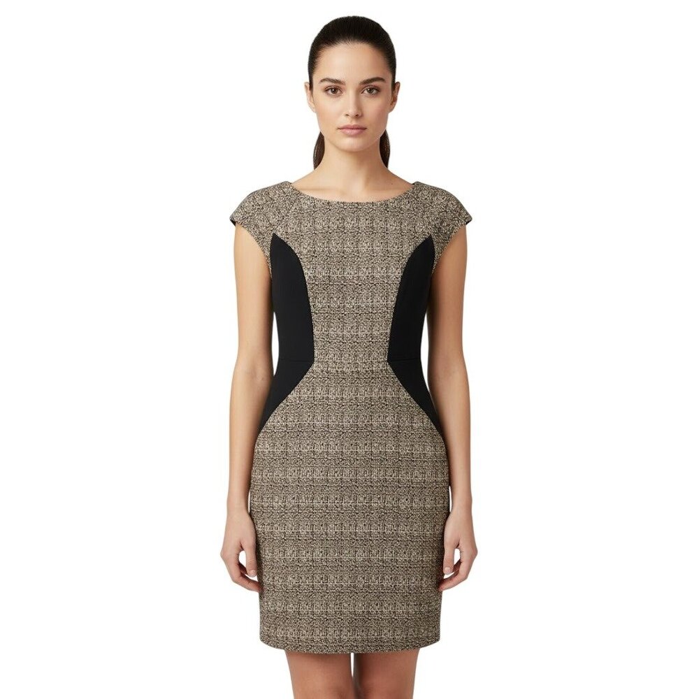 Eva Franco Tweed Sheath Cap Sleeve Dress Size 4 Black Side Panels